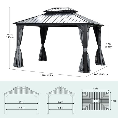 DWVO 10x12ft Hardtop Gazebo Double Roof with Nettings and Curtains Grey