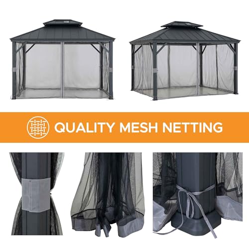 Sunjoy Hardtop Gazebo 10x12 ft Outdoor Patio Aluminum Frame with Solar Panel and Netting Black