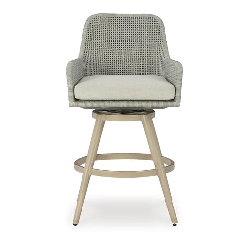 Signature Design by Ashley Seton Creek Weather Resistant Resin Wicker Swivel Outdoor Bar Stools with Cushion, Set of 2 Beige & Light Gray