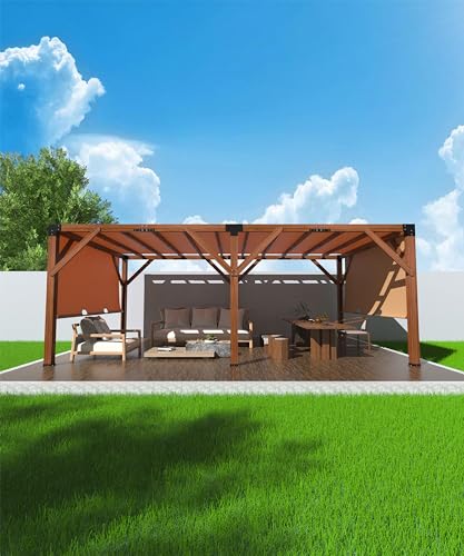 GAOMON 12x20 FT Wood Pergola with Retractable Shade Canopy Reddish-Brown