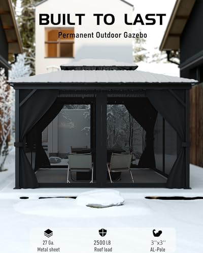 GarveeLife Hardtop Gazebo 10'x12' All Weather with Double Metal Roof, Aluminum Frame, Net & Curtain Gray