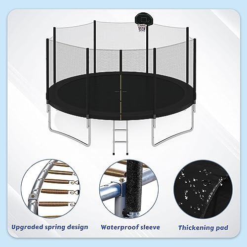 Merax 14FT Trampoline with Safety Enclosure, Basketball Hoop & Ladder Black