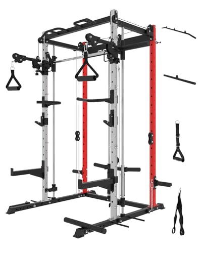 EonfitOmni Smith Machine Power Cage Multifunctional Squat Rack with Smith Bar, Pulley System for Strength Training Equipment 1000lbs Red3
