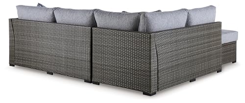 Signature Design by Ashley Petal Road Casual Weather Resistant Outdoor Loveseat Sectional Set with Ottoman, Table & 2 Throw Pillows Grey