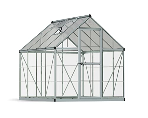 Palram Canopia 6x8 Greenhouse Walk-In UV Polycarbonate Heavy Duty Aluminum Lockable Door Adjustable Roof Vent Silver with Plant Hangers
