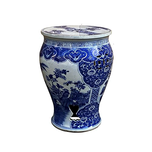 Orientliving Chinese Blue & White Porcelain Flower Birds Large Round Stool Table