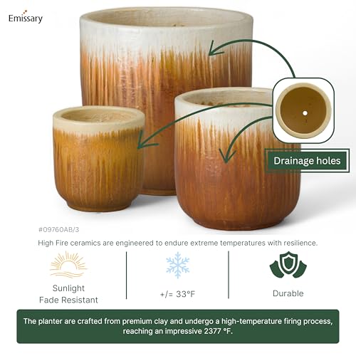 Emissary Amber Stoneware Round Planters Set of 3 20in. L x 20in. H