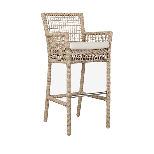 Benzara 31 Inch Outdoor Bar Stool Chair, Rope Woven, Ivory Olefin Fabric Seat, Brown