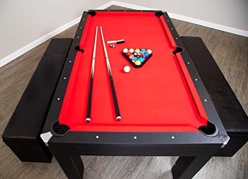 Hathaway Park Avenue 7-ft Pool Table Tennis Combination with Dining Top, Two Storage Benches - Black and Red Felt