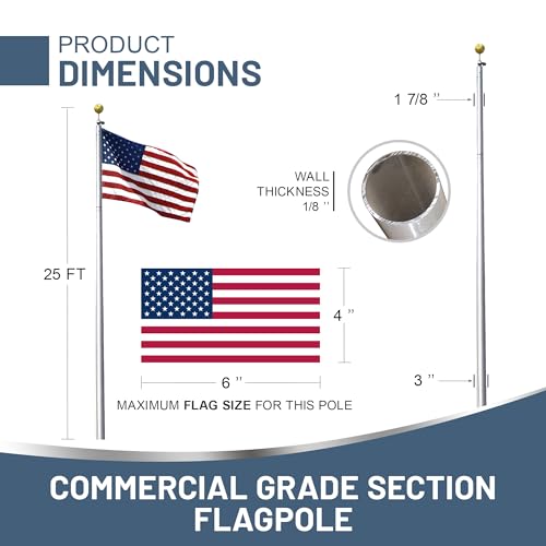 Super Tough Commercial Grade 25ft Flagpole Clear Finish for 4' x 6' American Flag