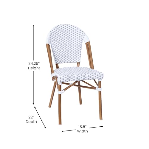 Flash Furniture Lourdes Indoor/Outdoor Commercial Bistro Set - Tempered Glass Top Table with 4 Chairs - White & Gray Rattan/Natural Frame
