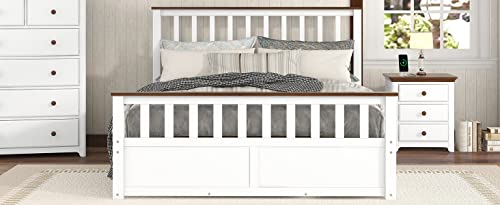 FAVSH Queen Size Wood Platform Bed with Drawers White/Walnut