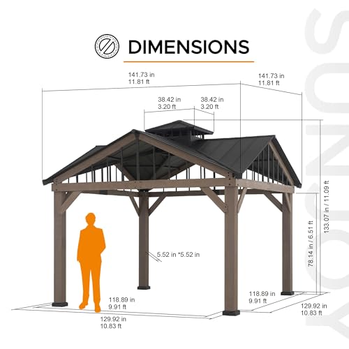 Sunjoy 12x12 ft. Hardtop Gazebo Wooden Frame Outdoor with Ceiling Hook Brown
