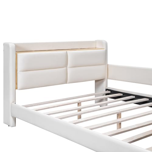 Brisca Full Size Upholstered Platform Bed with Storage and Guardrail Beige