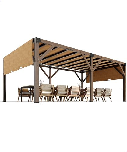 KYBOLT 12x20 Ft Wood Pergola with Retractable Sunshade Canopy Reddish-Brown