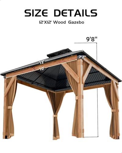 GAOMON Hardtop Spruce Wood Gazebo 12'x12' Khaki