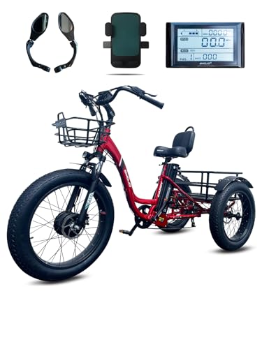EMOJO Caddy Pro Fat Tire Electric Tricycle Hydraulic Disk Brakes Ebike Trike 7 Speed Pedal Assist 3 Wheel Electric Bike 48V 15.6Ah Battery LCD Display Apple Red
