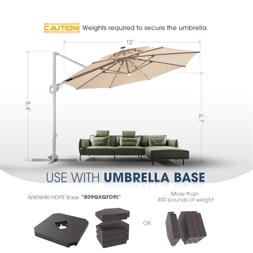 wikiwiki 12FT 2-Tier Cantilever Patio Umbrella with Solar Lights Beige