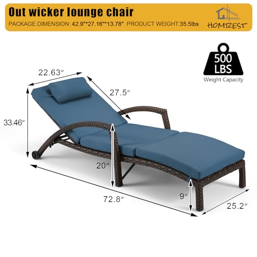 HOMREST Chaise Lounge Chairs Set of 6 PE Rattan Adjustable Poolside Dark Blue