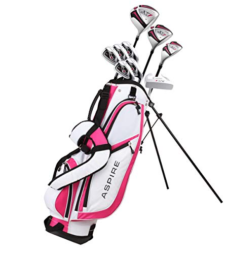 Aspire Ladies Golf Clubs Set Titanium Driver, Fairway, Hybrid, Irons, Putter, Bag Cherry Pink
