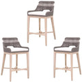 Home Square 3 Piece Outdoor Upholstered Rope Barstool Set Dove Gray Teak