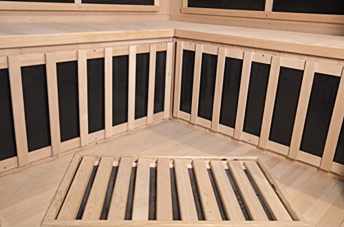 Heat Wave 3 Person Sauna Corner Fitting Infrared FIR FAR 7 Carbon Heaters Hemlock Wood MP3 Player 2 Speakers Color Therapy Light LED Control Panel Wood
