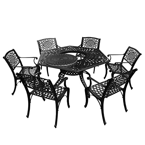 Oakland Living Modern Ornate Outdoor Mesh Aluminum 63-in Black Hexagon Patio Dining Set with Six Chairs