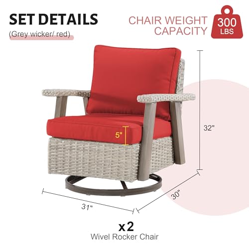 Yokayoay Wicker Patio Chairs Set of 2 Outdoor Swivel Rocking Chairs Grey/Red