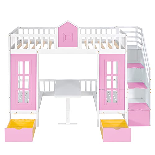 Harper & Bright Designs Twin Size Loft Bed with Stairs and Desk Pink