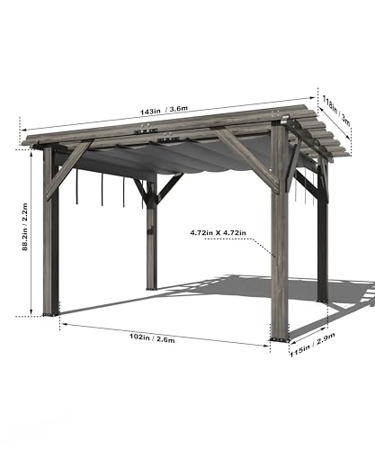 DEXSO 10' x 12' Cedar Wood Pergola with Retractable Shade Canopy Charcoal Gray