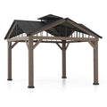 Sunjoy 12x12 ft. Hardtop Gazebo Wooden Frame Outdoor with Ceiling Hook Brown
