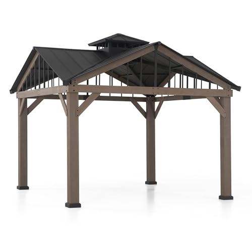 Sunjoy 12x12 ft. Hardtop Gazebo Wooden Frame Outdoor with Ceiling Hook Brown