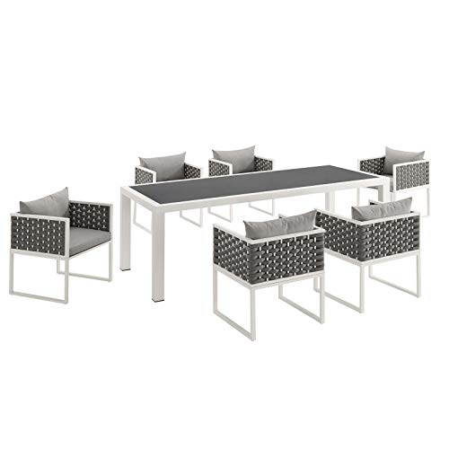 Modway Stance Outdoor Patio Woven Rope 7-Piece Dining Furniture Set White Gray