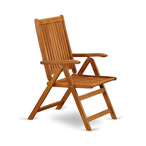 East West Furniture 9 Piece Outdoor Patio Dining Set Rectangle Acacia Wood Table & 8 Folding Adjustable Arm Chairs Natural Oil
