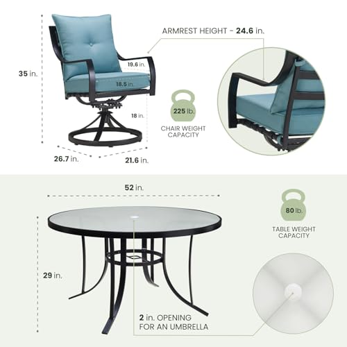 Hanover Lavallette 5-Piece Outdoor Dining Set with Swivel Rocker Chairs and Glass-Top Table Blue