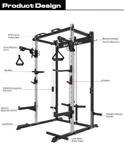 EonfitOmni Power Rack Home Gym Power Cage with Pulley System Cable Crossover LAT Pulldown Fitness Machine Red