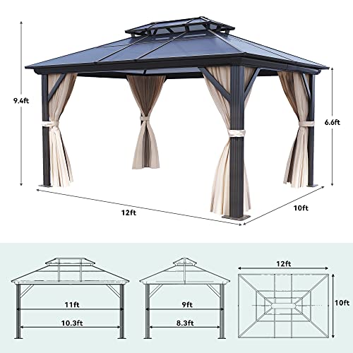 YITAHOME 10x12FT Hard-Top Double Roof Gazebo Canopy with Netting and Curtains Brown