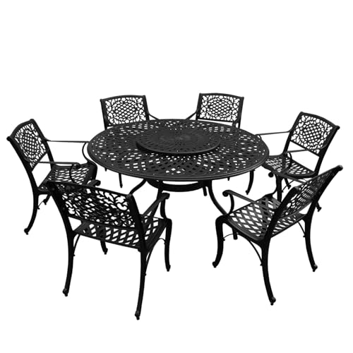 Oakland Living Modern Ornate Outdoor Mesh Aluminum 59" Large Round Patio Lazy Susan Dining Set with Six Chairs Black