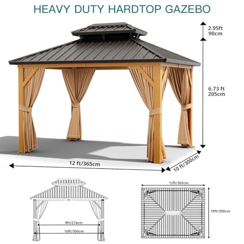 Agrestem 10X12FT Outdoor Galvanised Steel Hardtop Gazebo with Netting and Sunshade Curtains Wood Grain