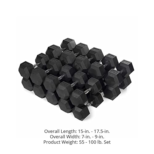 Titan Fitness 55-100 LB Pair Black Rubber Coated Hex Dumbbells