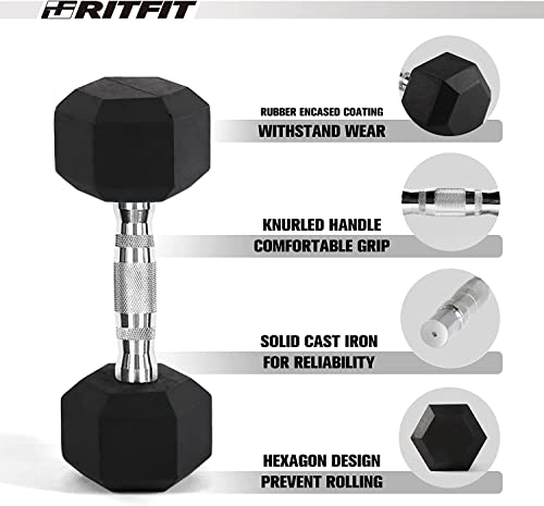 RitFit Rubber Hex Dumbbells Set with Optional Rack 300 LB - Home Gym and Fitness