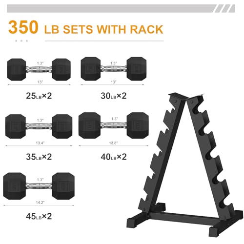 GarveeLife Premium Rubber Coated Hex Dumbbell Set with Rack 350lbs Black