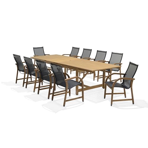 Amazonia Franklin 11-Piece Teak Finish Extendable Rectangular Patio Dining Set Light Brown
