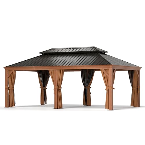 Jolydale Sonegra 12' x 20' Hardtop Aluminum Gazebo with Double Roof & Netting Brown