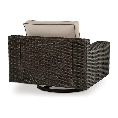 Benzara 43" Waga Outdoor Swivel Lounge Chair with Cupholder Wicker Brown Beige Black