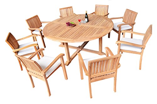 OnlineTeakFurniture 9 PC A Grade Outdoor Patio Teak Dining Set with 72" Round Table & 8 Naples Stacking Arm Chairs Brown