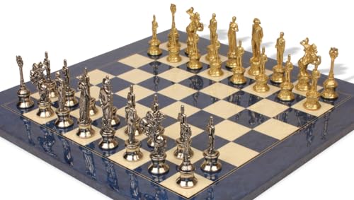 The Chess Store Napoleon Theme Brass & Nickel Chess Set with Blue Ash Burl Board