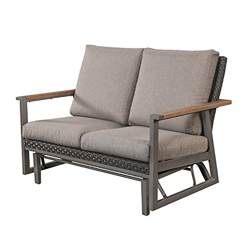 LOKATSE HOME Patio Glider Loveseat Steel Frame 2-Person Bench with Rattan Backrest Grey Cushion