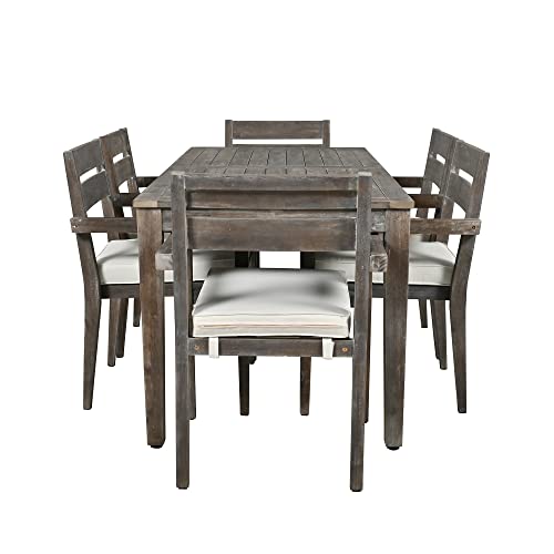LOUHME 7-Piece Outdoor Patio Dining Table Set with Acacia Wood Table & Chairs Grey