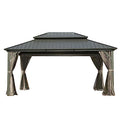 LOPOO Hardtop Gazebo with Curtains & Netting - Aluminum Frame Pavilion with Steel Double Roof Canopy for Patio, Backyard, Lawn, Garden - Brown 12ft x 16ft